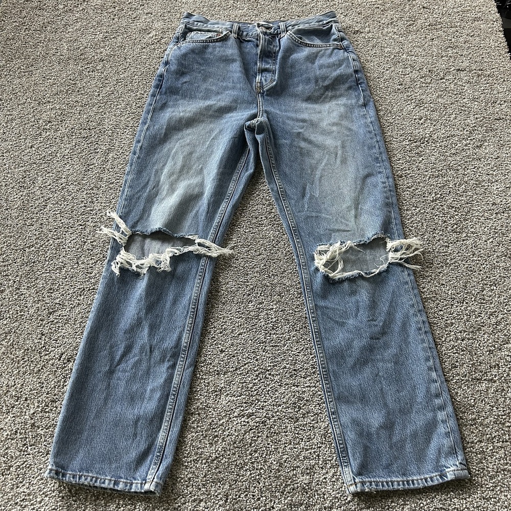 Topshop Dad Straight Jeans Womens 28 Light Wash Blue Distressed Denim Pants